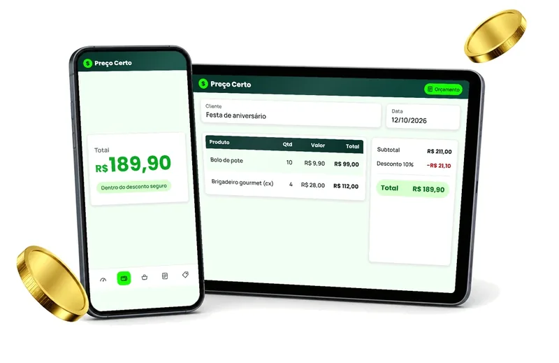 Planilha de Orçamentos: Dados do cliente; Orçamento montado automaticamente, com total e desconto; Modelo editável