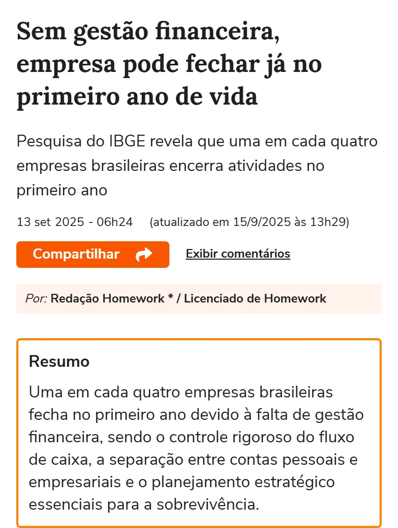 Print da matéria do Terra: Sem gestão financeira, empresa pode fechar já no primeiro ano de vida